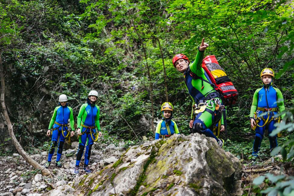 Lake Garda: Family Friendly Canyoning Tour - Two abseilers and ziplining across pools: the adrenaline kids talk about later